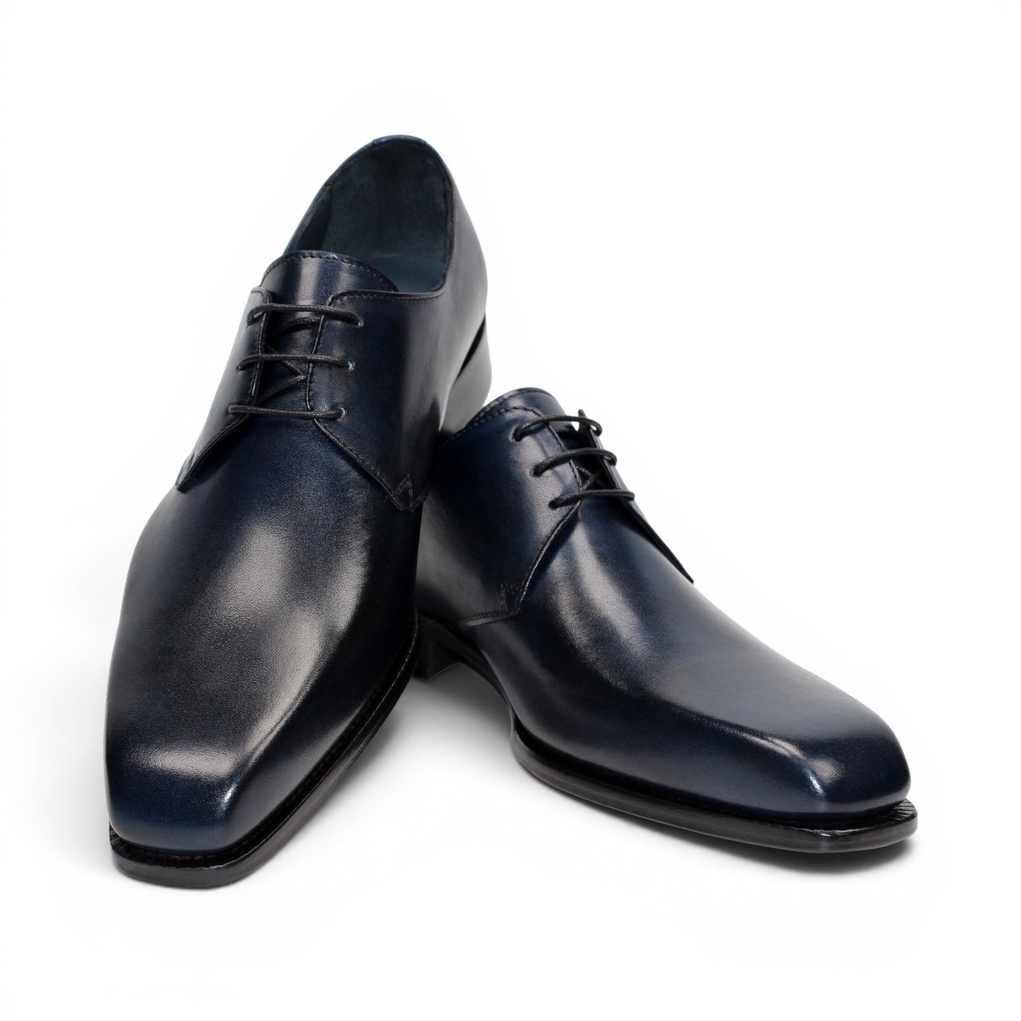 A side view of the Duca Sermoneta Navy by Duca Di Matiste—a navy leather oxford dress shoe with laces, crafted from premium calf leather, displayed on a white background.