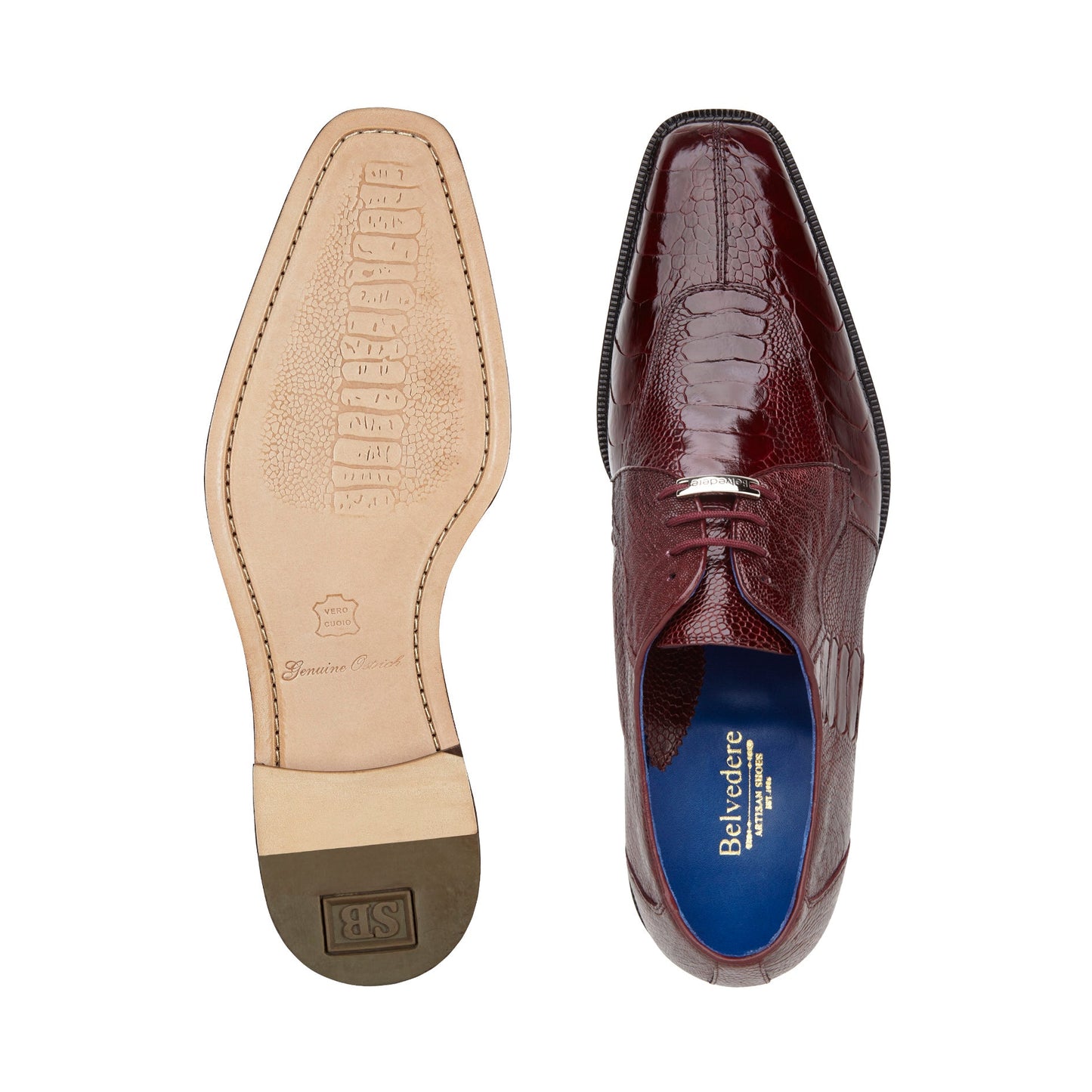 A side view of the BELVEDERE Siena dress shoe, genuine ostrich leg in dark burgundy (1463), featuring a textured pattern, moc toe design, and black sole against a white background.