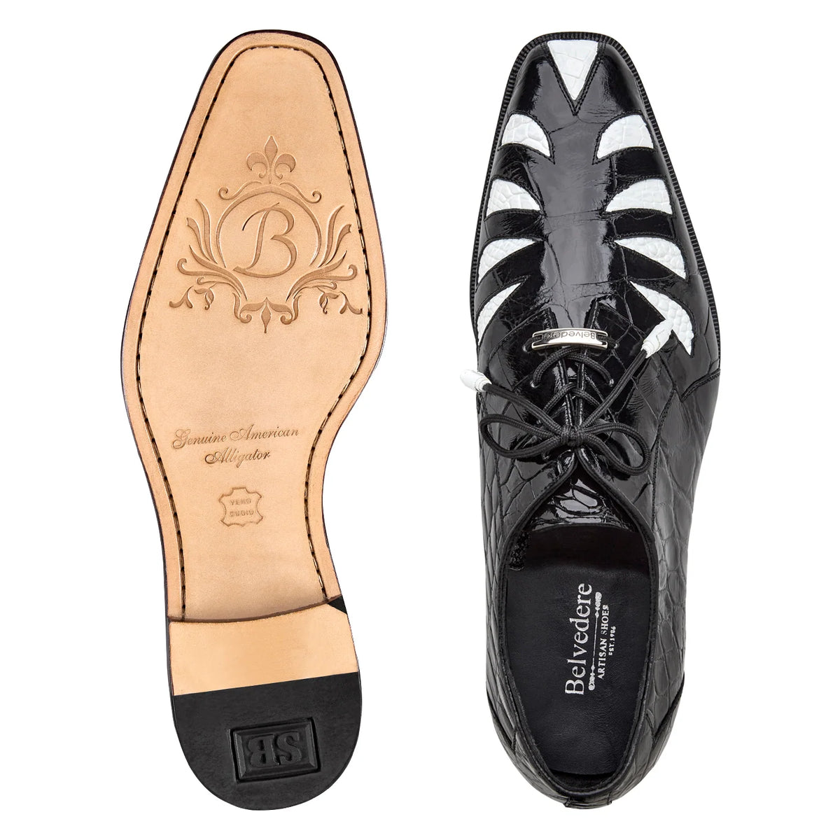 Belvedere Simone, a black and white American alligator lace-up dress shoe with decorative cutouts.
