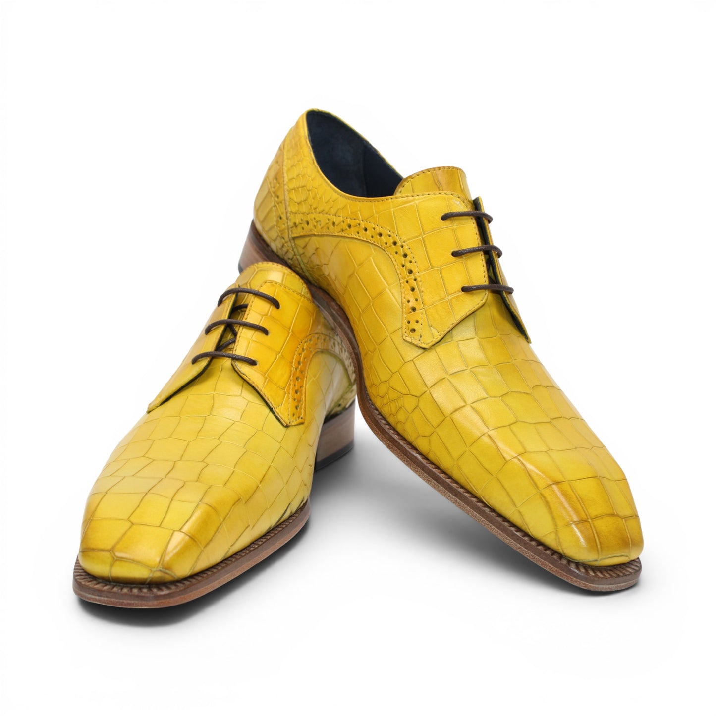 The Duca Di Matiste Duca Spada Yellow is a yellow, crocodile-patterned genuine leather lace-up dress shoe with a wooden sole and low heel, displayed in side profile on a white background.