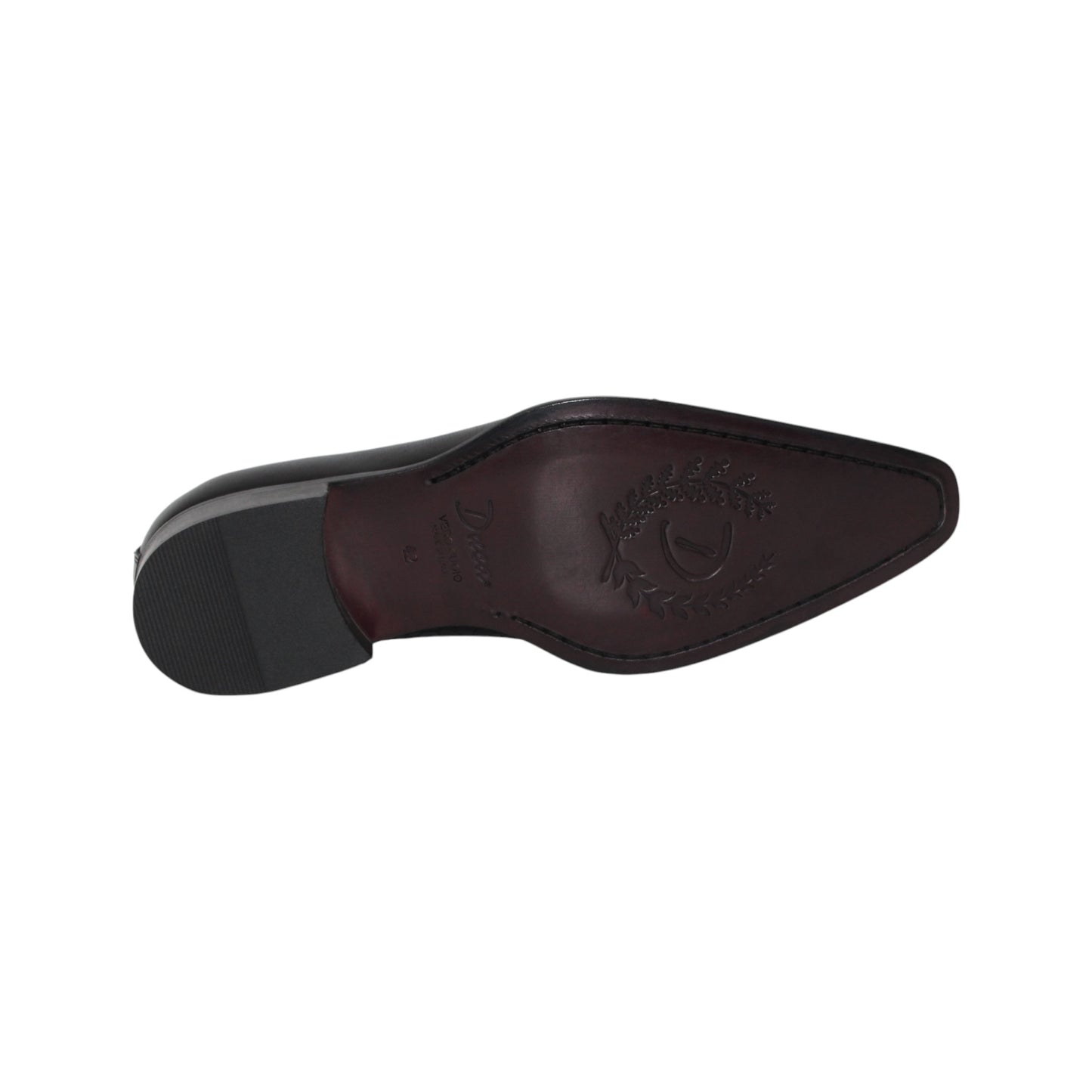 The Duca Spoleto I Black by Duca Di Matiste is a black luxury leather shoe with a pointed toe and embossed pattern, shown in a side view against a white background.