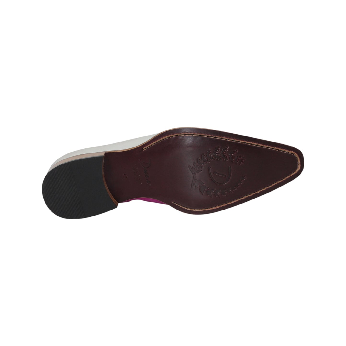 The Duca Di Matiste Duca Spoleto II Pink Combo is a handcrafted Italian men's dress shoe featuring modern color blocking—gray heel, pink midsection, magenta toe—black laces, and a sleek wooden sole for luxurious style.