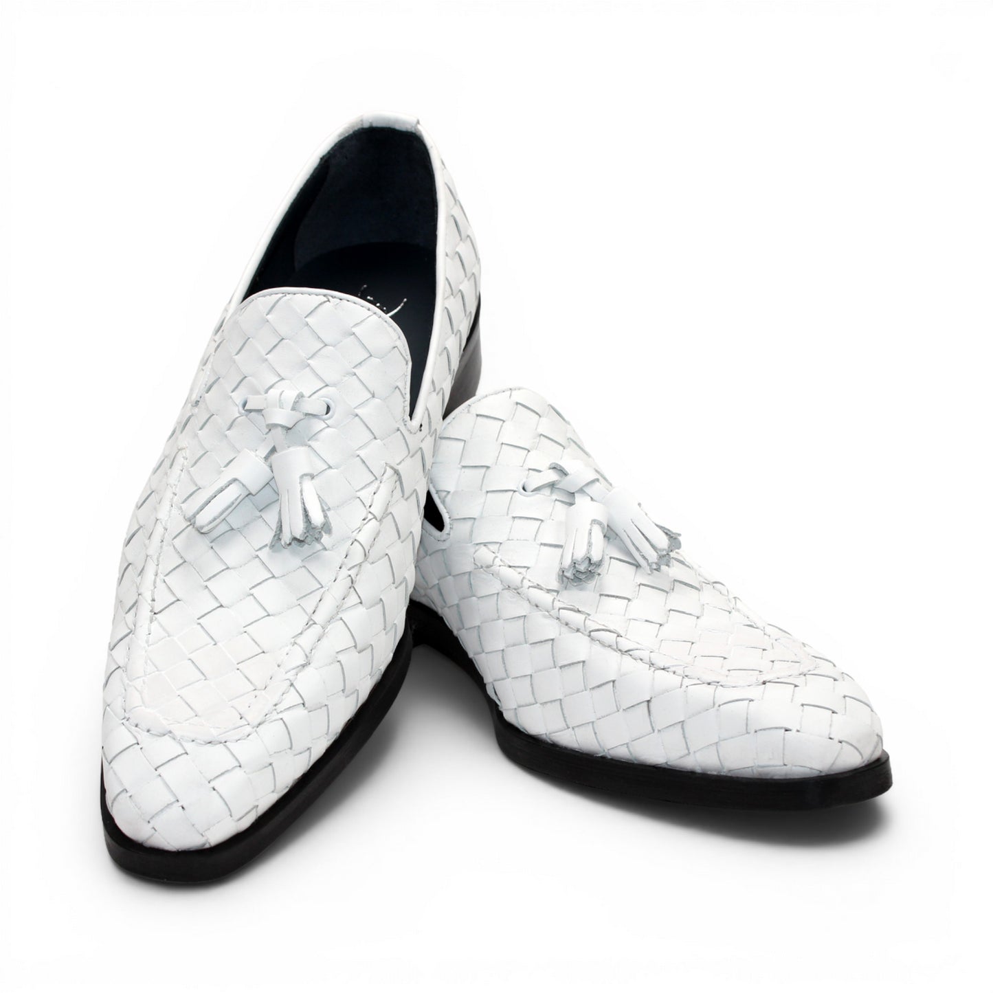 The Duca Tirrenea White by Duca Di Matiste is a white calf weave leather loafer with tassel detail and a black low heel, elegantly crafted in Italy and shown in profile against a plain white background.