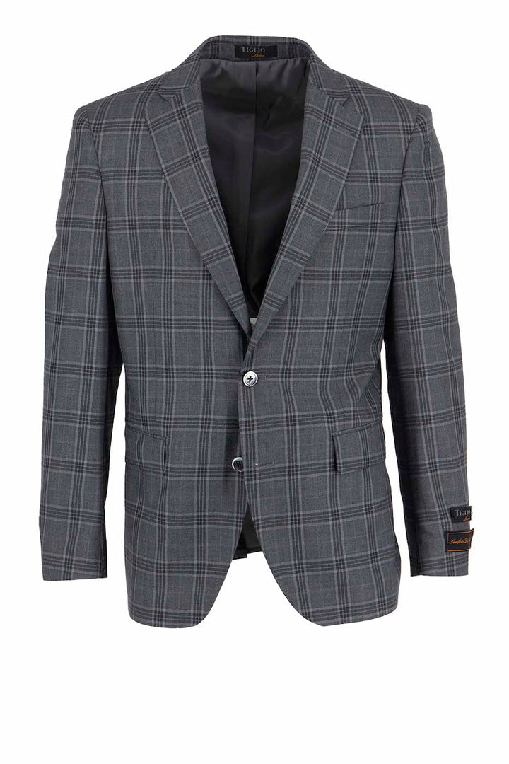 The Tiglio Luxe Gray with Windowpane Dolcetto Modern Fit, Pure Wool Jacket TL3326 is displayed on a white background. It features a two-button closure and notched lapels, highlighting the elegance of Italian fabrics.