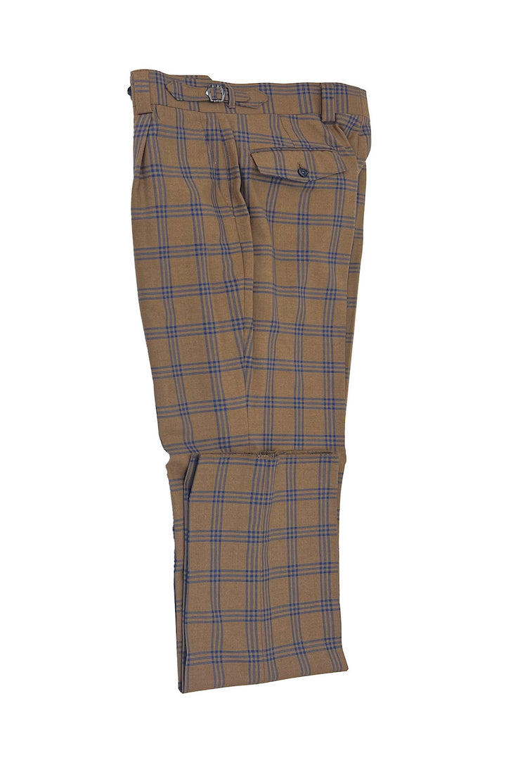 Introducing the Tiglio Luxe Camel with Blue Windowpane Semi-Wide Leg Wool Marbella Dress Pants TL3304, crafted from extra fine wool fabric to embody luxury and comfort. These stylish trousers feature a brown checkered pattern accented with blue lines on a white background, offering a sophisticated semi-wide leg fit.