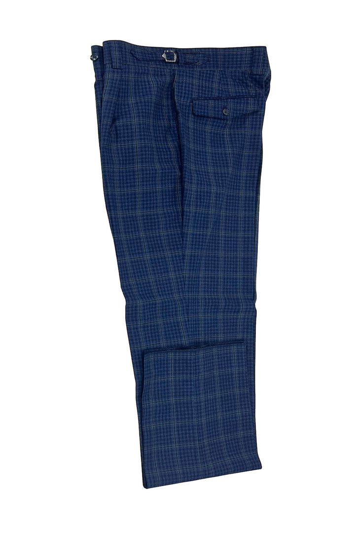 The Tiglio Luxe Light Navy with Green Windowpane and Mini Check Marbella Dress Pants (TL3329) are neatly folded. Crafted from extra fine wool, these pants feature a buttoned back pocket and belt loops, offering a semi-wide leg fit that exudes luxury.