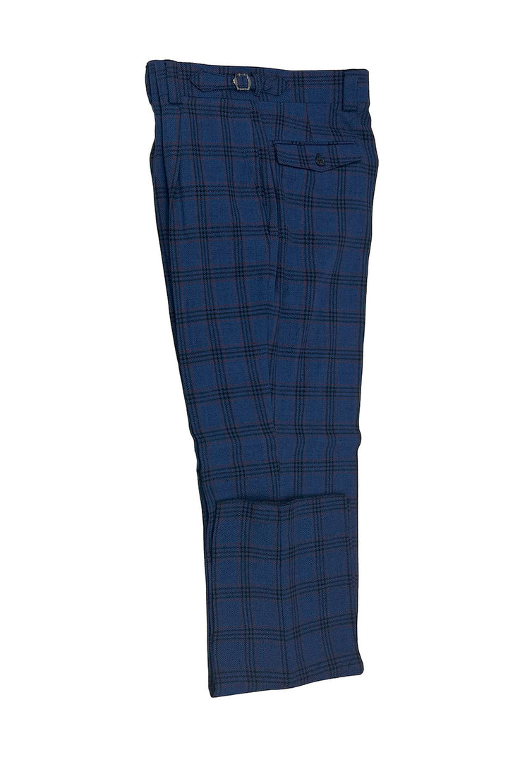 The Tiglio Luxe Denim Blue with Red and Black Windowpanes Semi-Wide Leg Wool Marbella Dress Pants TL3361 feature a semi-wide leg fit, crafted from extra fine wool, and showcase a folded design in blue plaid with belt loops and a pocket for added style.