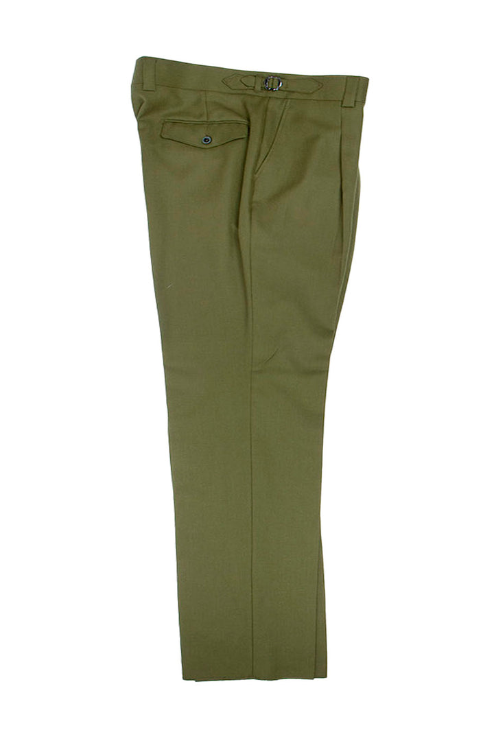 Moss green men's trousers, expertly crafted from extra fine wool by Tiglio Luxe, offer a luxurious and comfortable fit. These Marbella dress pants (model TL8194) feature belt loops and a back buttoned pocket, designed with a semi-wide leg for a stylish appearance.