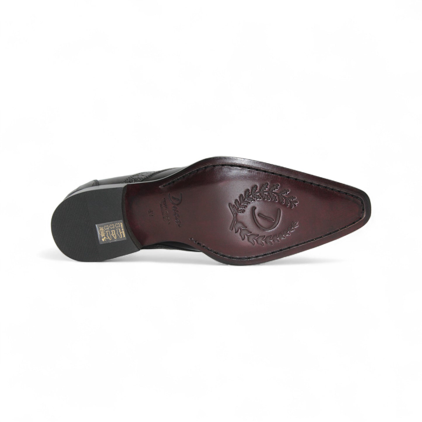 The Duca Trento Black by Duca Di Matiste is a men's black leather loafer with croco embossing, stitched details, low heel, and pointed toe, shown in profile against a white background.