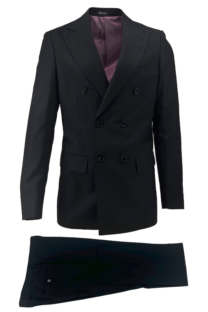 The Tiglio Luxe Black Pistoia TIG1001 is a modern fit pure wool men's suit featuring a double-breasted jacket with peak lapels and matching trousers, tailored from Italian fabric—a refined choice for men's wardrobes.
