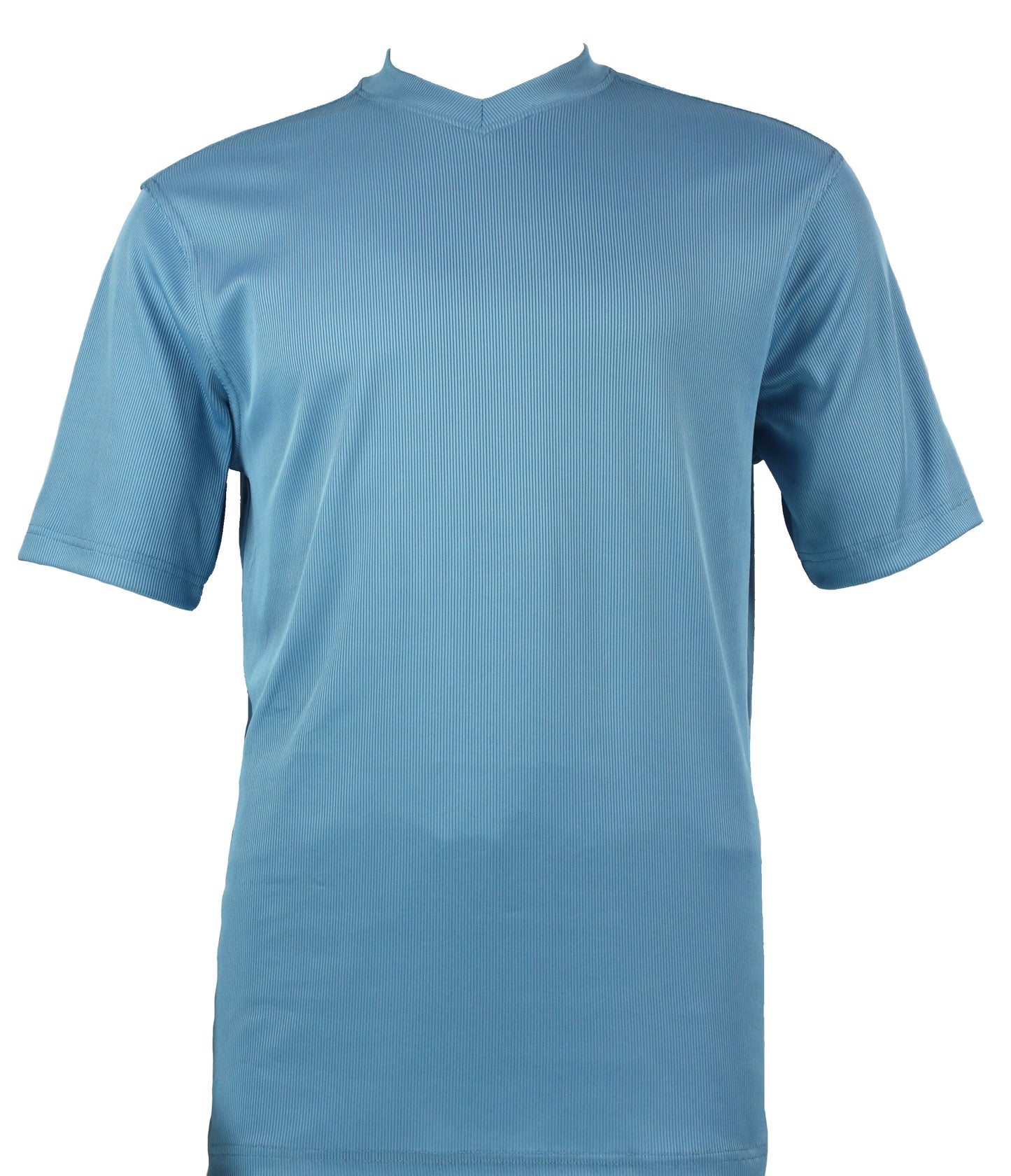 Introducing the Bassiri S/S V-Neck Turquoise T-Shirt 219: a turquoise short-sleeve V-neck crafted from a luxurious microfiber-spandex blend, presented by Bassiri against a crisp white backdrop.