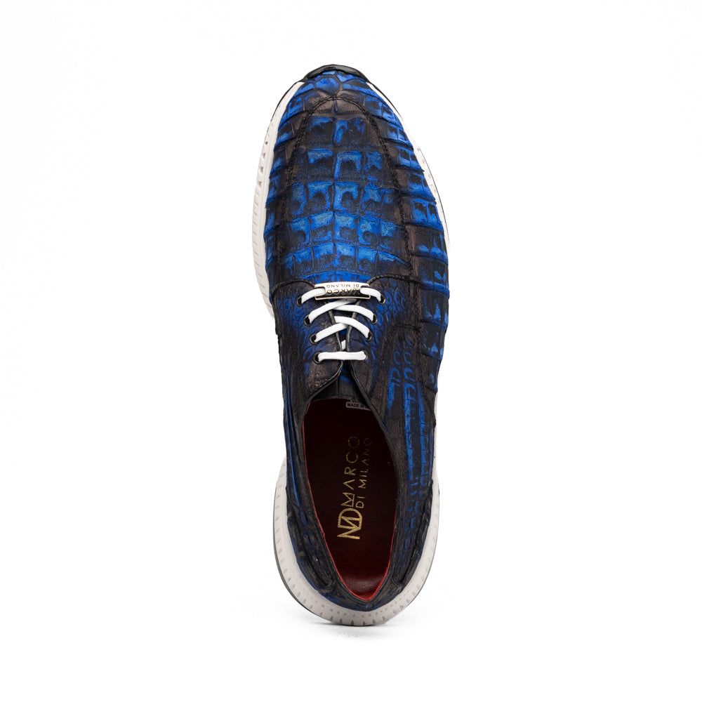Marco Di Milano Tuscani Electric Blue exotic leather sneaker with a textured pattern and a thick white and black rubber sole.