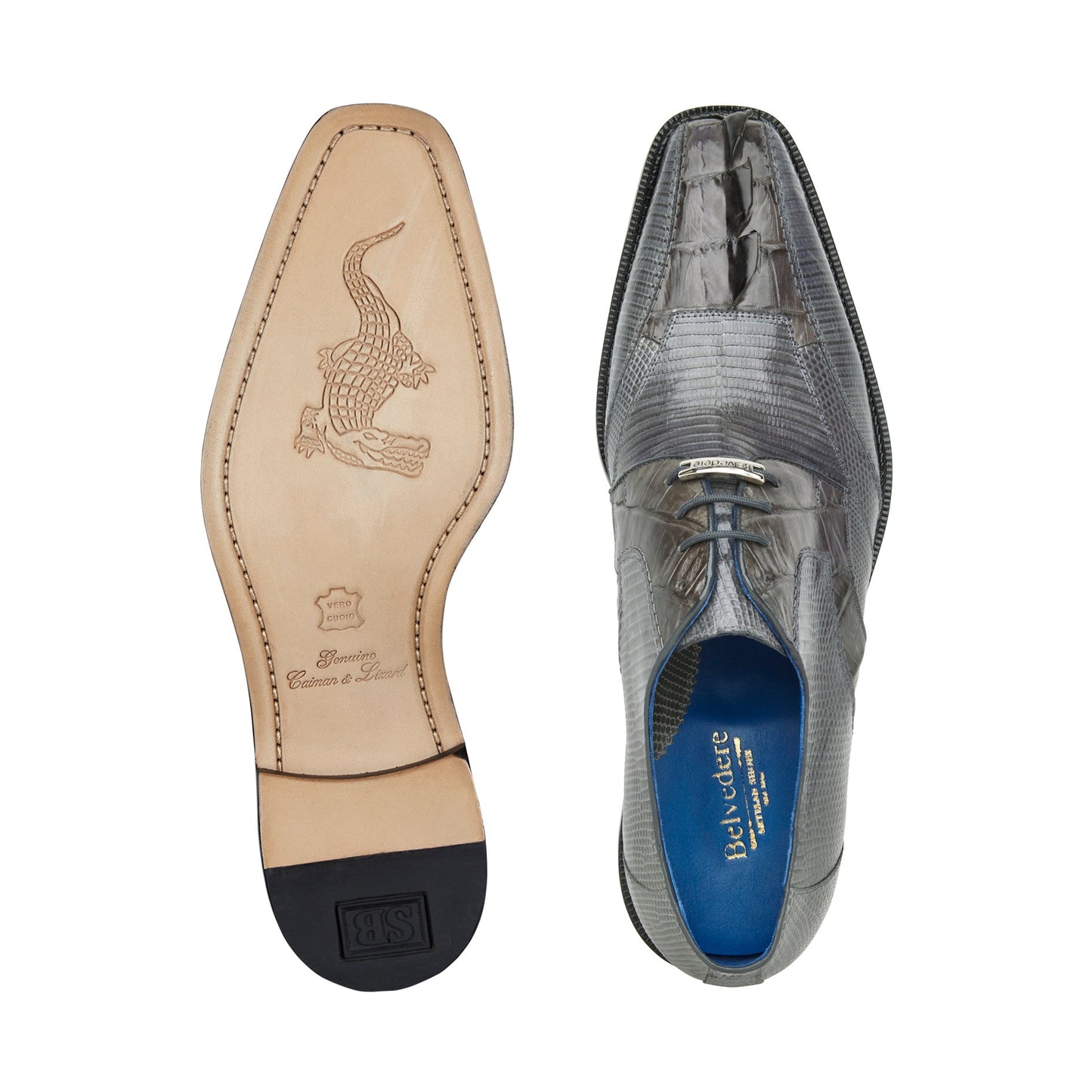 The Belvedere Valter is a Gray Genuine Caiman Crocodile and Lizard dress shoe with a textured pattern. It features a low heel, lace-up closure, and soft leather lining.