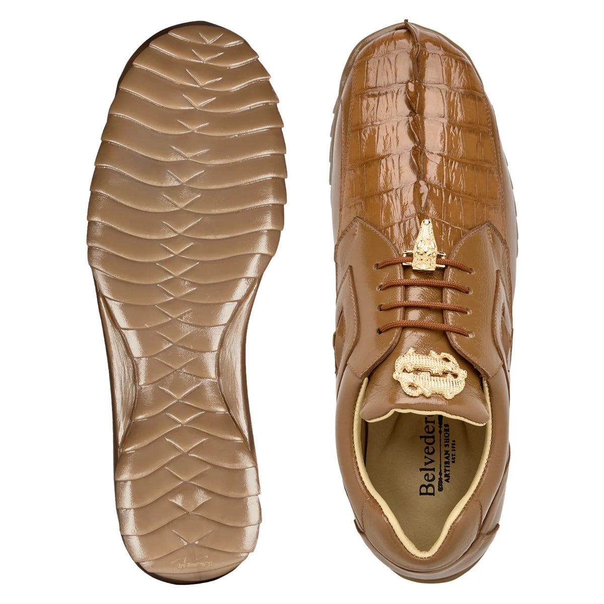 Belvedere - Vasco, Genuine Hornback/Soft Italian Calf Sneaker - Saddle - 336122 in tan with a textured toe, gold-tone accents, cushion insole, and a lugged rubber sole.