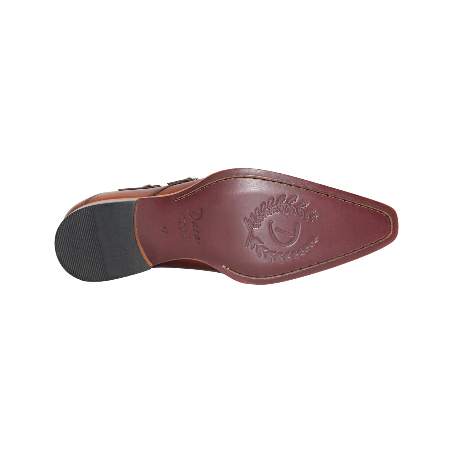 Duca Di Matiste's Duca Vergato Brandy: classic Italian double monk strap dress shoes in brown leather with a low wooden heel, decorative toe perforations, and a smooth polished finish—crafted for timeless style.