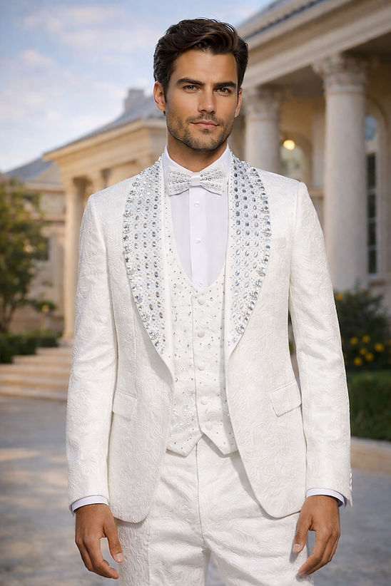 MANZINI ZARA 3-Piece Slim-Fit Men's Rhinestone Floral Pattern Tuxedo Suit White/White 52L