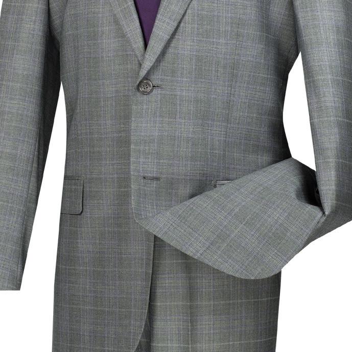 The mannequin features a Vinci Suits Glen Plaid Dress Suit, 2-piece regular fit in gray (Model: 2RW-1), paired with a white dress shirt and a dark purple tie.