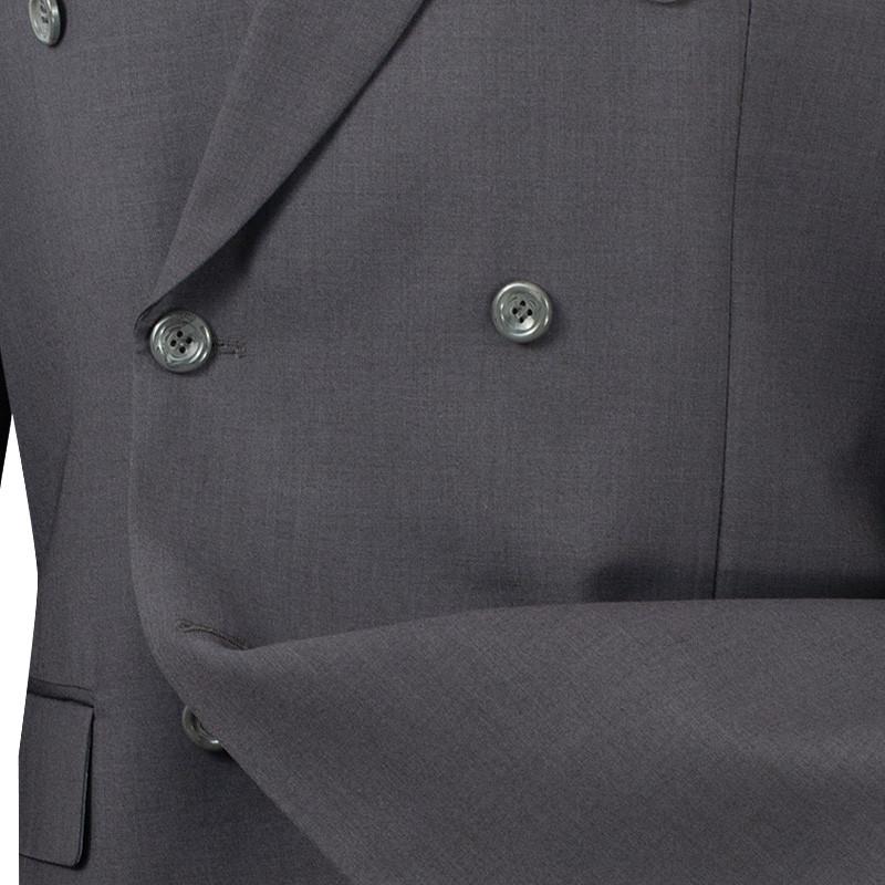 A mannequin displays the Vinci Suits Regular Fit Double Breasted 2 Piece Suit in Heather Gray (DC900-1), featuring a wrinkle-resistant design with a white shirt, patterned tie, and matching pocket square.