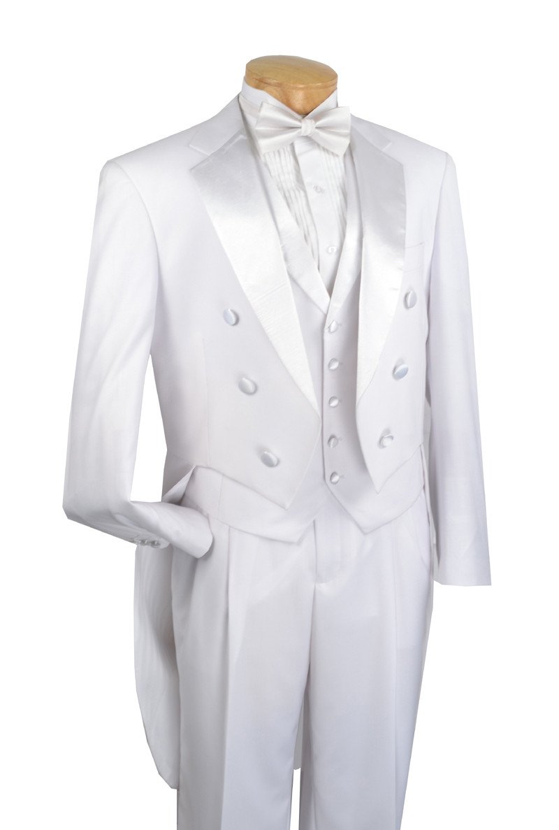 The Regular Fit 3 Piece Tuxedo with Tail (White) T-2X by Vinci Suits includes a white tailcoat with satin lapel, waistcoat, and striped shirt. It comes with a pocket square, perfect for black-tie events.