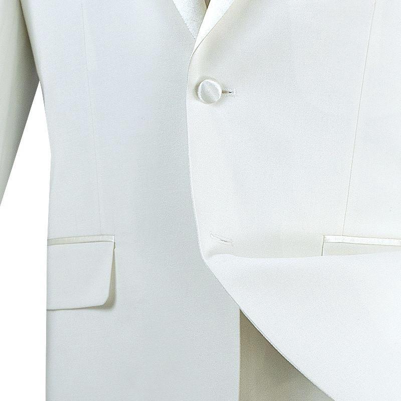 The Vinci Suits Slim Fit 2 Piece 2 Buttons Design Tuxedo (Ivory) T-SC900 is displayed on a mannequin, featuring a jacket and pants with a wrinkle-resistant satin finish for impeccable style.