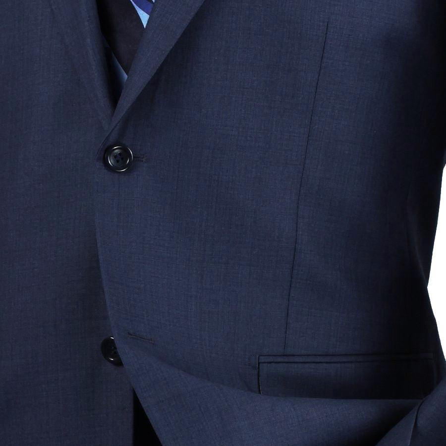 The Regular Fit 2 Piece 2 Button Textured Weave Suit (Blue) by Vinci Suits, combined with a light blue shirt, striped tie, and flat front pants on a mannequin, creates a polished look that exudes confidence.