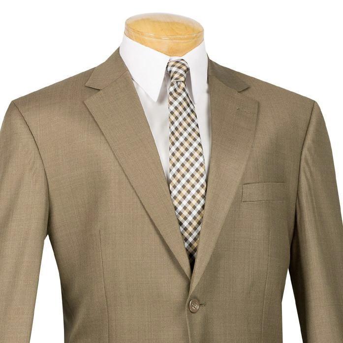 A mannequin is dressed in a Vinci Suits regular fit, two-piece taupe suit with flat front pants, paired with a white shirt and a textured weave checkered tie.
