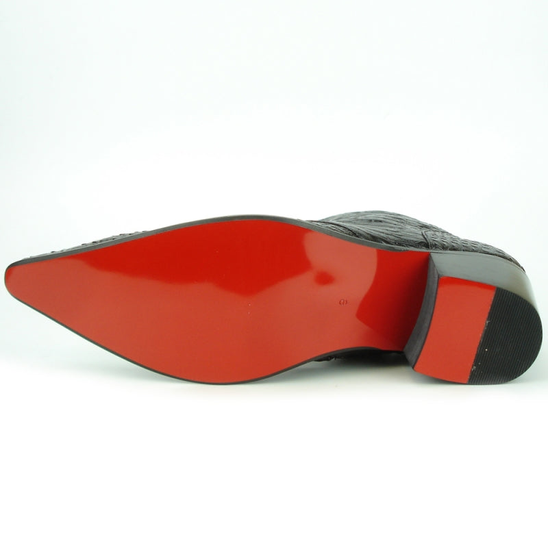 The FI-7240 Black Boot by Fiesso, part of the Aurelio Garcia collection, is a stylish black cowboy boot with a pointed toe and a textured reptile-pattern finish. It features a premium leather upper and includes a cushioned insole for added comfort.