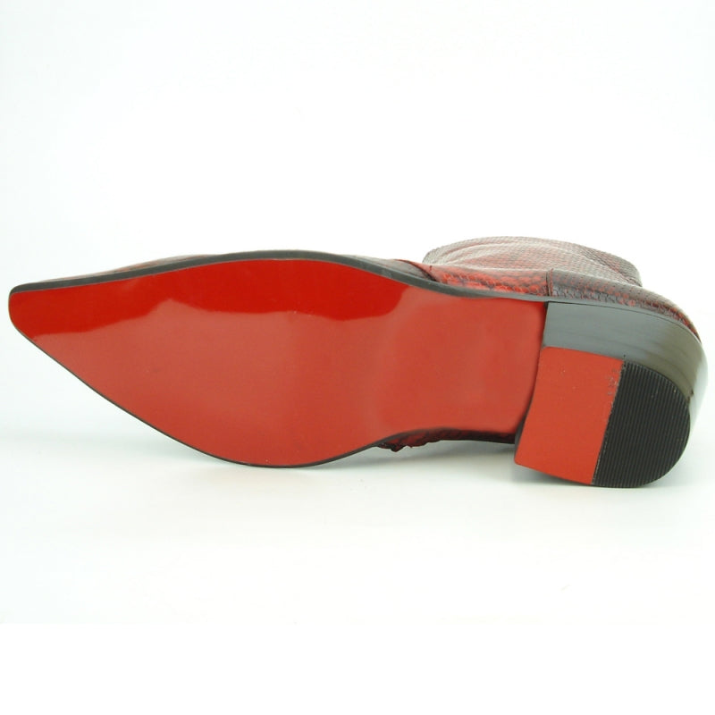 Introducing the FI-7240 Red Boot by Fiesso, a chic ankle boot by Aurelio Garcia. It features a fashionable red snakeskin pattern, a pointed toe, and a block heel, all crafted from sleek leather set against a pristine white background.