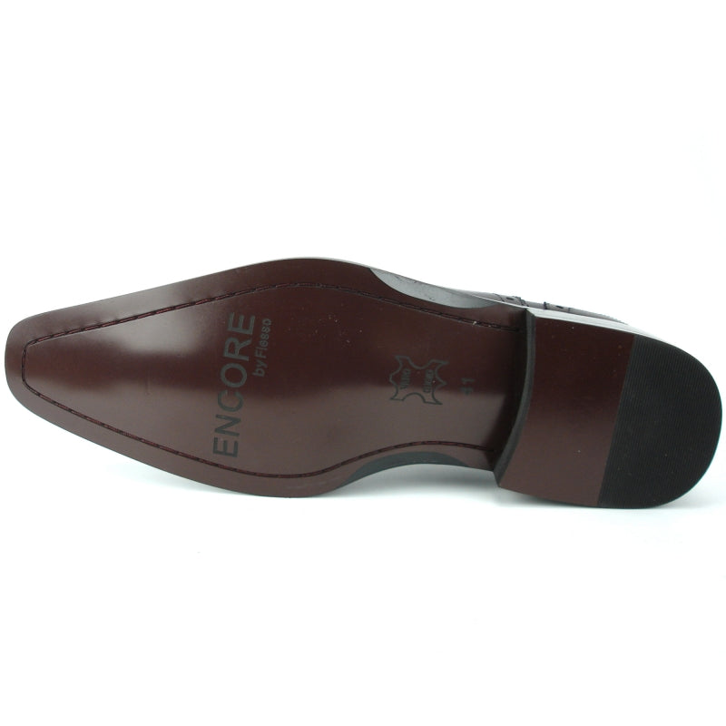 The FI-8713 Purple Lace-Up shoe by Fiesso showcases a leather upper in purple and black, adorned with brogue detailing, a vibrant red interior, and includes a cushioned insole for ultimate comfort.