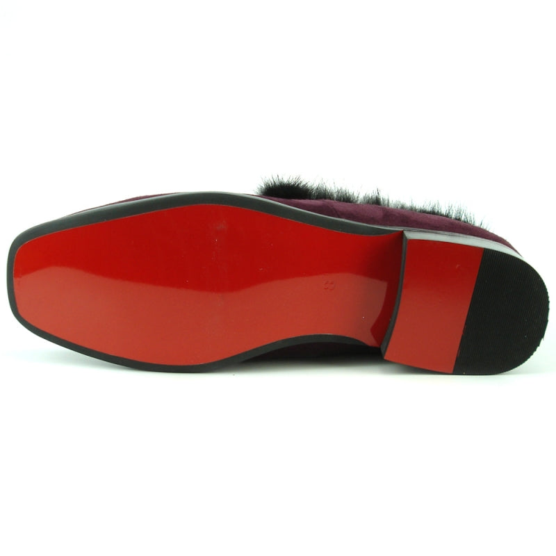 The FI-7306 Burgundy Suede Fiesso by Aurelio Garcia loafer, available in sizes 8 and 12, features a stylish black fur trim with a decorative black beaded flower embellishment on the suede upper, making it a standout fashion shoe.