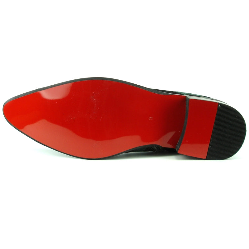 Introducing the FI-7315 Green Black Leopard Boot by Fiesso—a stylish fashion boot embellished with unique green and black zebra stripes. This product from the brand Fiesso features a pointed toe, low heel, and pull tab. It is accentuated with metal studs at the toe and heel for added flair, while a cushioned insole provides exceptional comfort.