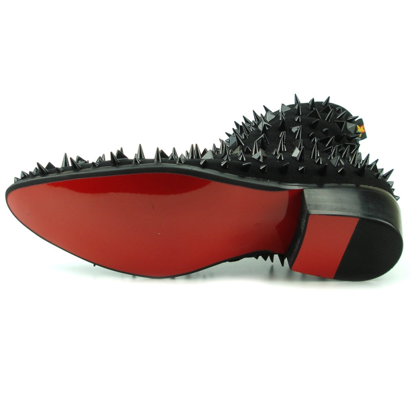 Fiesso's FI-7316-S Black Suede Boot, adorned with numerous sharp black spikes enveloping the entire surface.
