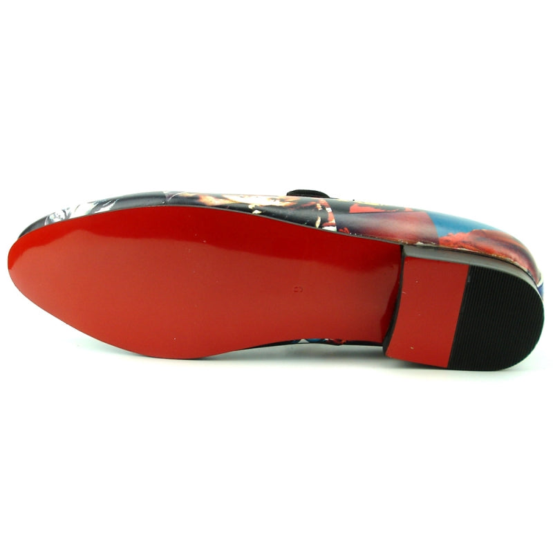 The FI-7336-B Bob Print Leather Fiesso by Aurelio Garcia, brought to you by Fiesso, showcases a vibrant collage of a man's face and hands set against a black backdrop. It features a cushioned insole and leather upper for enhanced comfort and style.