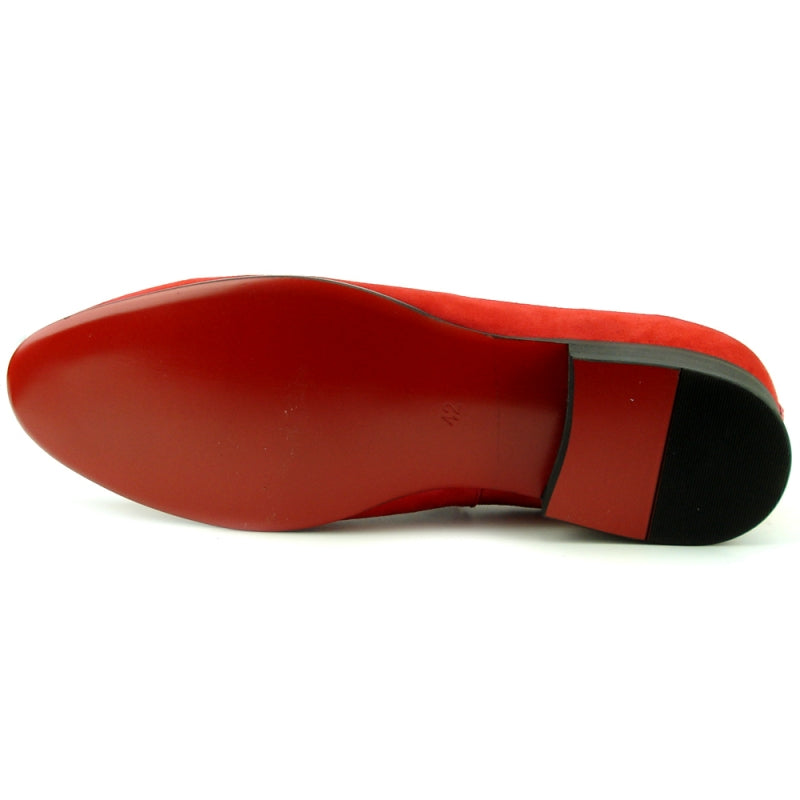 FI-7355 Red Suede loafer by Fiesso features a suede upper, multi-color stones, jeweled embellishments, and a decorative leaf design.