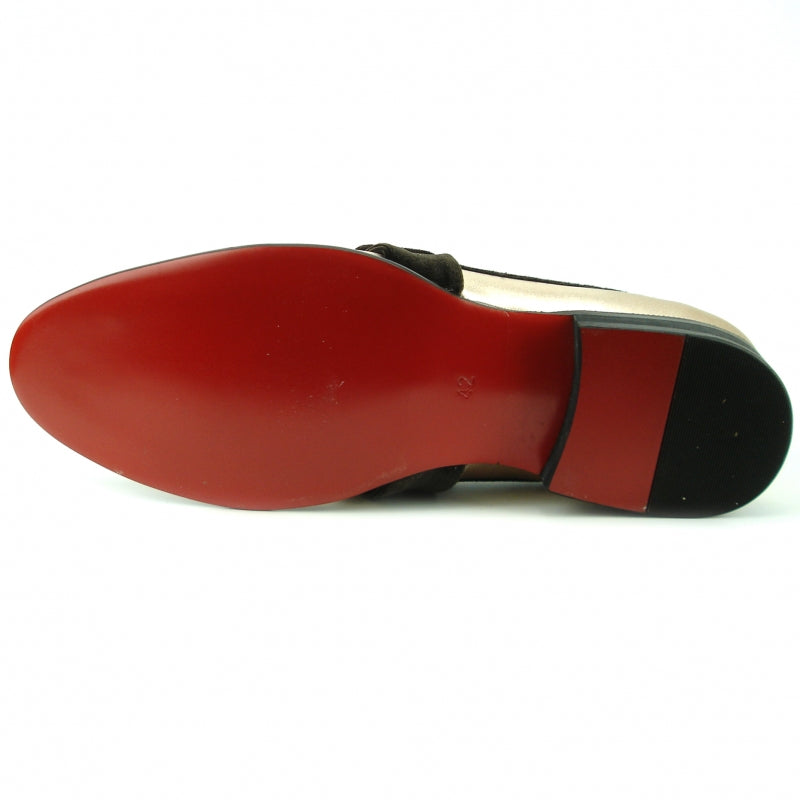 Introducing the FI-7356 Gold Fiesso by Aurelio Garcia: A luxurious gold and brown leather loafer by Fiesso, designed with a black sole and a cushioned insole for enhanced comfort.