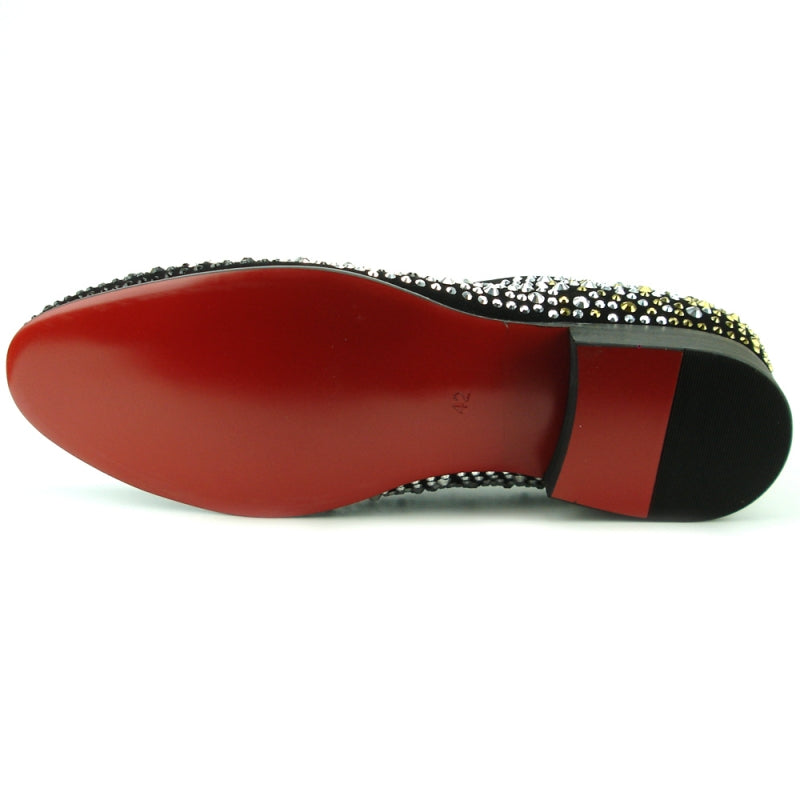 This black slip-on, the FI-7359 by Fiesso, is a fashion shoe masterpiece adorned with dazzling silver and gold stones.