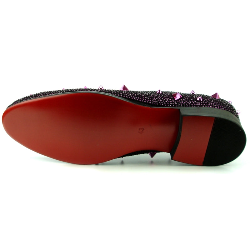 This Fiesso FI-7364 Black/Purple slip-on shoe sparkles with elegance, featuring pink spikes and small silver studs.
