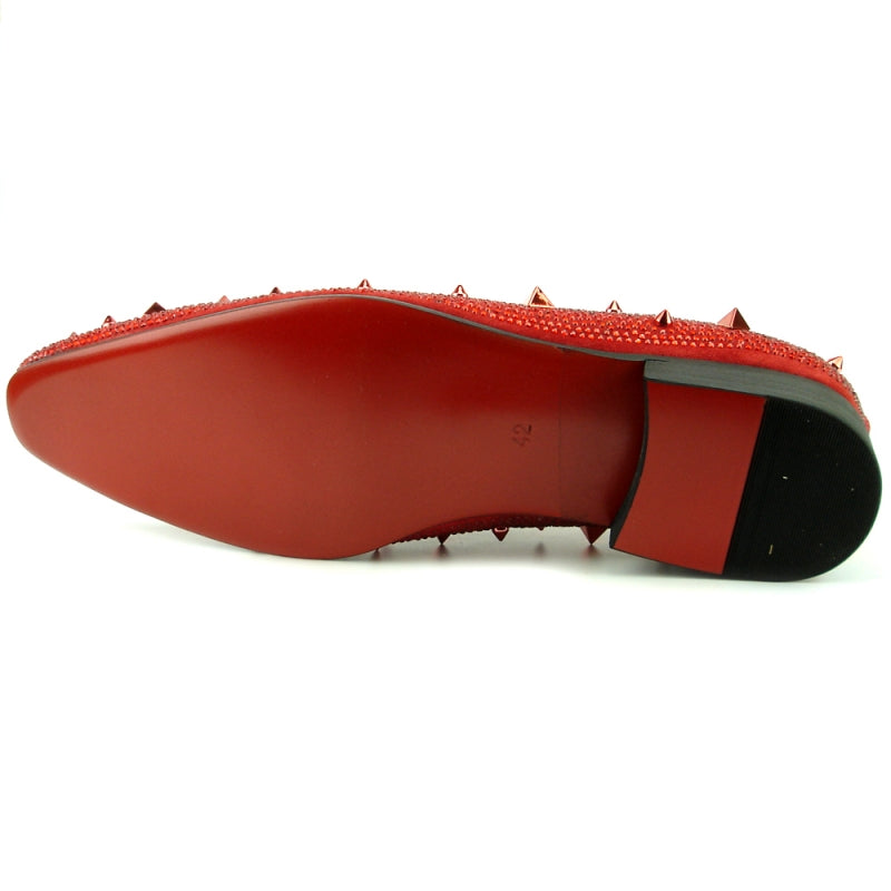 The FI-7364-R Red/Red Fiesso by Aurelio Garcia is a red studded fashion shoe from the brand Fiesso, featuring a low heel, pointed toe, suede material, and spiked embellishments.