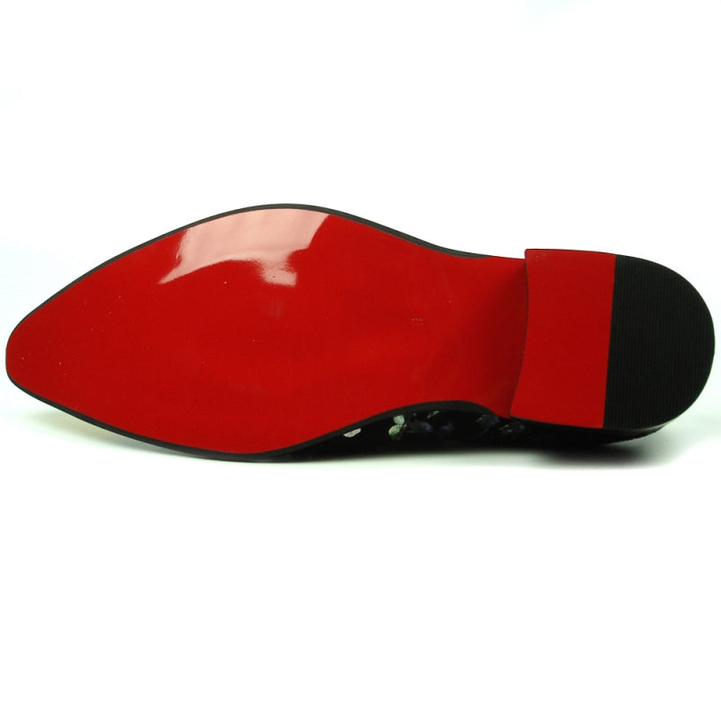 Introducing the FI-7394 Black Floral Fiesso by Aurelio Garcia from the brand Fiesso, a fashion shoe that showcases a black velvet design adorned with floral embroidery. It features a striking gold lion head at the toe and a stylish chain across the upper, making it both comfortable and fashionable with its cushioned insole.