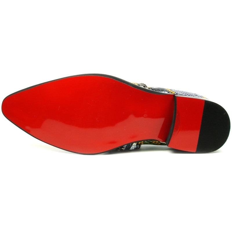 The FI-7395 Python Metal Tip fashion shoe from Fiesso by Aurelio Garcia boasts a vibrant snakeskin-patterned leather upper, enhanced with gold metal accents and studs on a low heel.