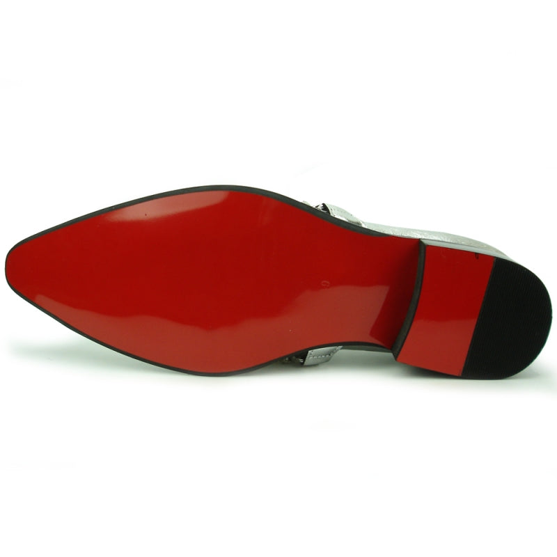 Introducing the FI-7460 Silver Leather Metal Tip by Fiesso, a chic shoe that combines silver leather with black accents for a fashion-forward look. It features stylish chain and metal embellishments on the toe, offering a touch of sophistication. The cushioned insole ensures comfort for all-day wear.