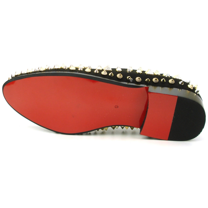 The FI-7500 Black Suede Slip-On by Fiesso, adorned with gold stones and featuring a vibrant red interior lining, offers a trendy option for those looking to make a statement.