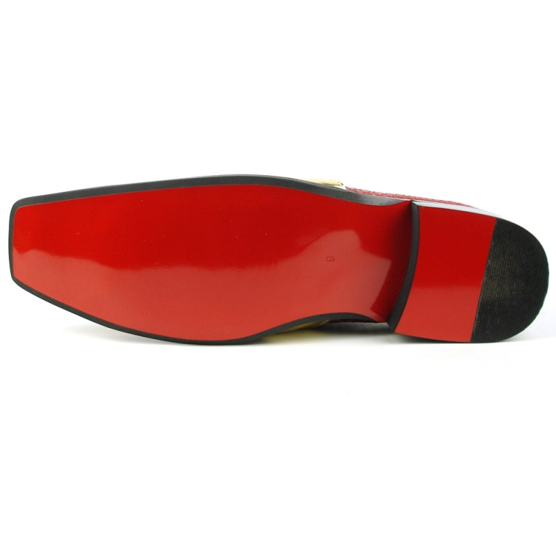 The FI-7512 Red Snake Print Metal Tip by Fiesso shoe from Fiesso showcases a striking red snakeskin pattern, highlighted with a gleaming gold square toe cap and an intricate gold buckle on the strap, all enhanced by a sumptuous leather upper.