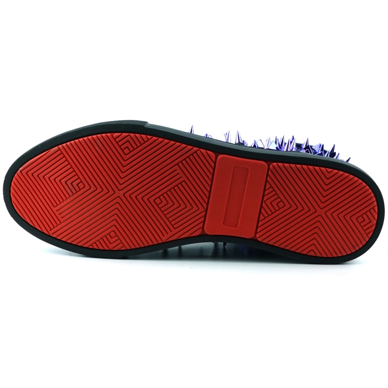The FI-2369 Navy Spikes High Top Sneakers by Fiesso highlight a black textured leather upper adorned with purple glitter and metallic spikes on the sides and toe. They feature blue laces through gold eyelets for an ideal touch of contrast, along with a cushioned insole for comfortable wear.