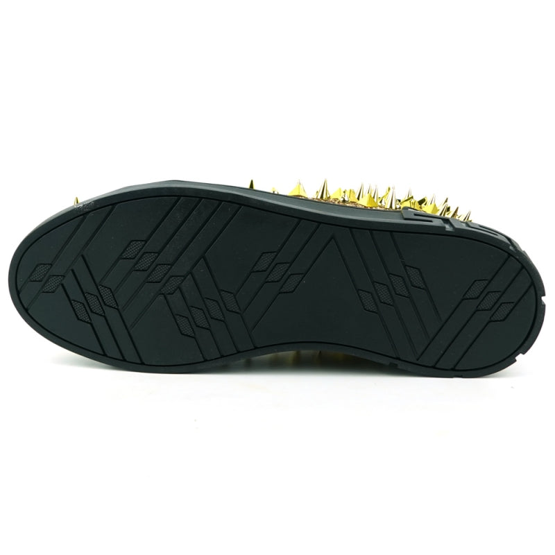 The FI-2369 Black Gold Spikes High Top Sneakers from Fiesso showcase a bold design with shiny spikes and a textured pattern, giving an edgy flair to any outfit.