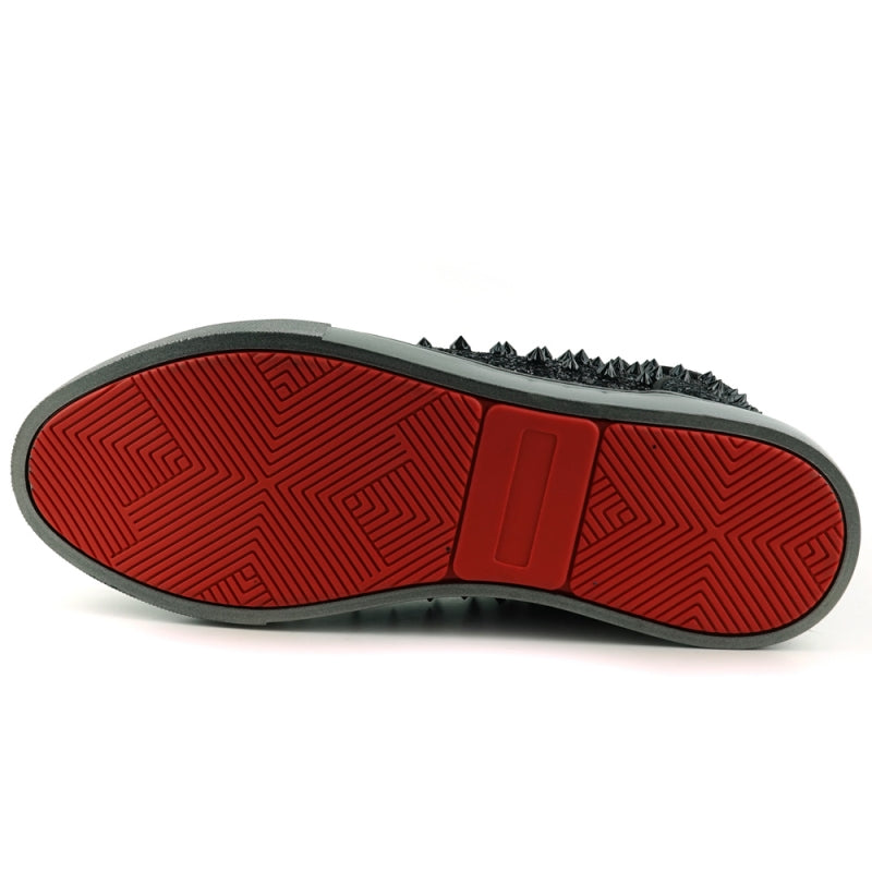 The FI-2409 Black Glitter Black Spikes Encore by Fiesso is a striking high-top sneaker that boasts spiked studs on the sides and toe. It is designed with black laces, a gray sole, and an attention-grabbing glitter upper for added glamour.