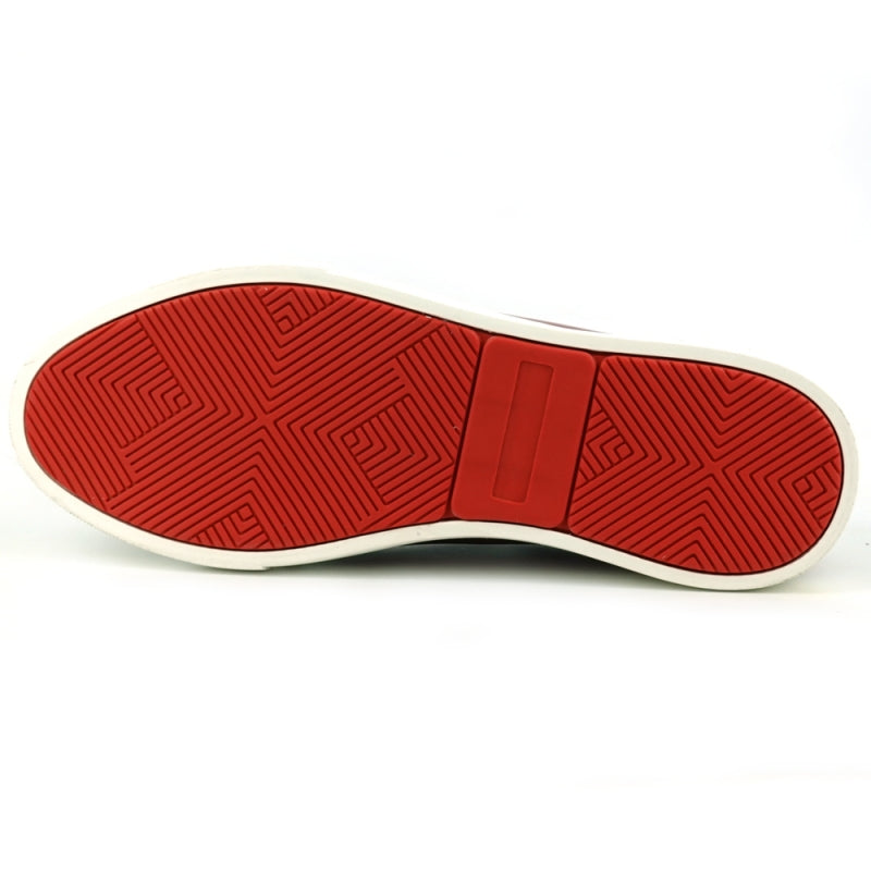 Introducing the FI-2415 Red Patent Leather Sneaker by Fiesso, a stylish red men's casual sneaker made from glossy patent leather, complete with white laces and a supportive white sole.