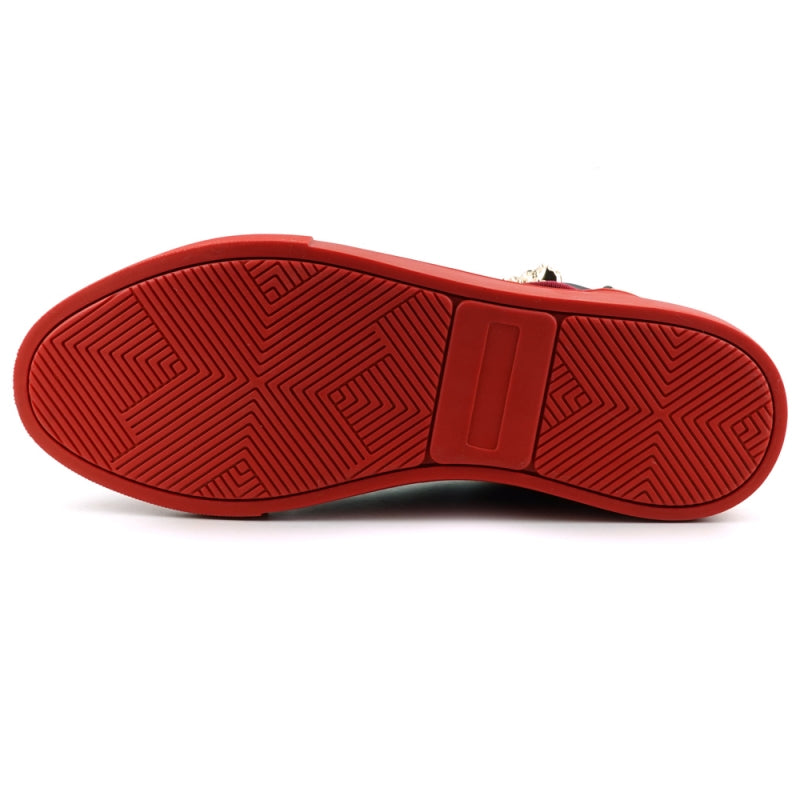 The FI-2421 Red Gold High Top Sneaker Encore by Fiesso features a red sole, gold metallic accents, patterned fabric, a decorative Gold Lion emblem, lace-up closure, and premium micro leather for bold style.