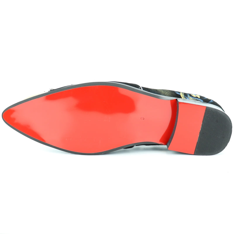 The FI-7235 Black Slip On by Fiesso showcases a black suede upper embellished with intricate silver beading, paired with a metallic gold toe cap and a low heel. Each step is made comfortable with its cushioned insole.