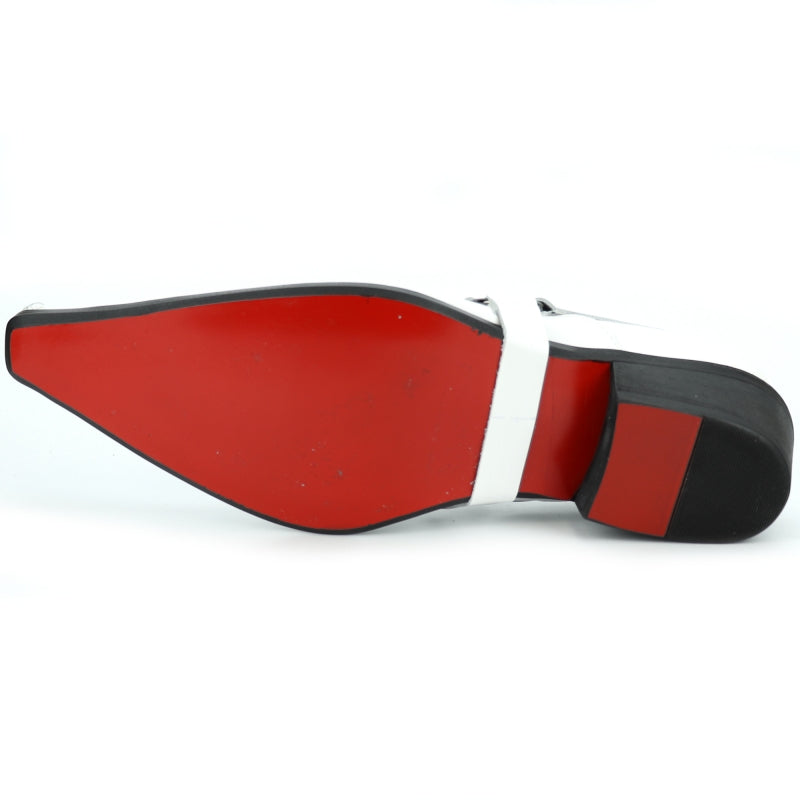 A sleek white leather shoe from Fiesso, the FI-7278 boasts a pointed toe with a buckle detail and features a worn front edge that unveils vibrant fabric underneath.